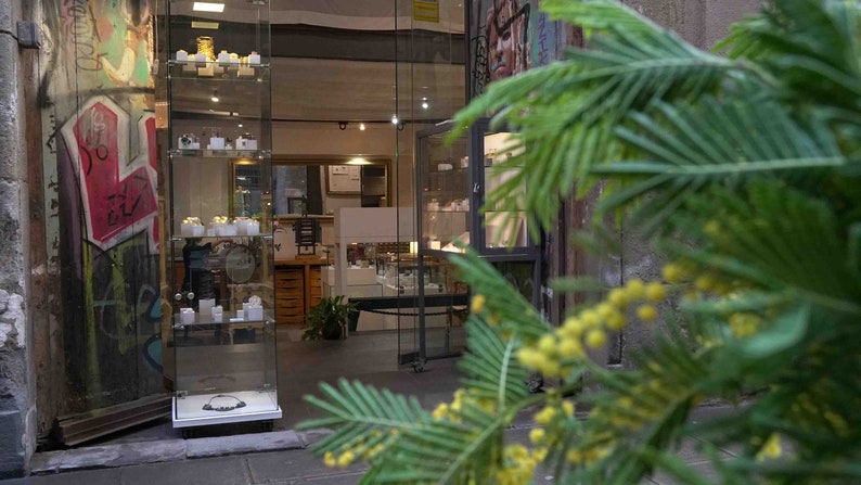 May include: A storefront with a glass display case filled with jewelry. The storefront is located in a narrow alleyway with a brick wall and graffiti art.