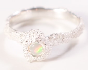 Pure White Certified Fairmined Silver Multi-colour Opal Solitaire Ring Handmade in Barcelona Organic Style Raw Textured Design Fair-trade