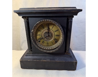 Antique Mantel Shelf Clock Mechanical Wind Up Strike Wood Case Vintage