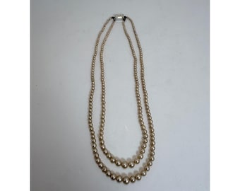 Vintage Double Strand Graduated Faux Pearl Necklace Rhinestone Clasp Cream Ivory