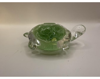 Vintage Glass Turtle Figurine Green Clear Made in Taiwan 5" Long