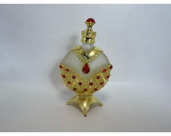 Frasco de perfume de estilo vintage con filigrana dorada, vidrio esmerilado y diamantes de imitación rojos, 5,25 pulgadas.