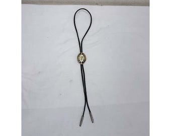 Vintage Western Rooster Bolo Tie Gold Silver Tone Black Enamel Braided Cord