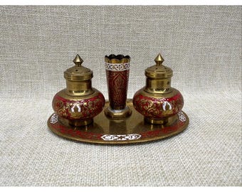 Vintage Brass Salt and Pepper Shaker Set Red Gold Enamel with Tray Toothpick