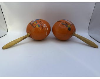 Vintage Hand Painted Florida Gourd Maracas Wooden Handle Pair Souvenir