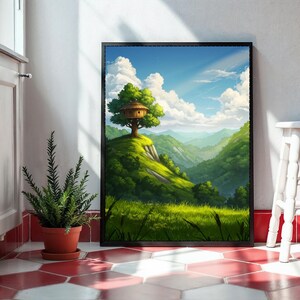 Può includere: Una stampa artistica incorniciata raffigura una casa sull'albero in cima a una collina verde, circondata da alberi e una valle. Il cielo è blu con nuvole bianche. L'opera d'arte è esposta su un pavimento piastrellato rosso e bianco.