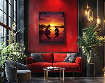 Romantic Sunset Couple Art Print | Lake Anniversary Gift (Digital Download)