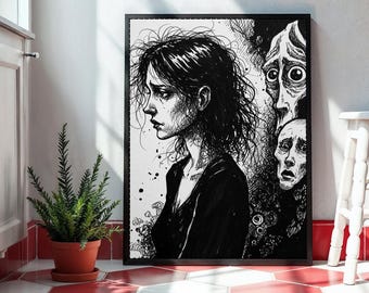 May include: Black and white framed artwork featuring a detailed illustration of a woman in profile, with a distressed expression. The artwork includes additional faces in the background, and is displayed on a red and white tiled floor.
