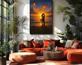 Sunset Couple Beach Print | Romantic Lantern Sky (Digital Download)