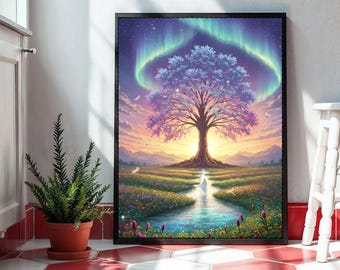 Download digitale di Mystical Tree Wall Art – Poster stampabile con paesaggio naturale fantasy – Grande decorazione da parete 300 DPI