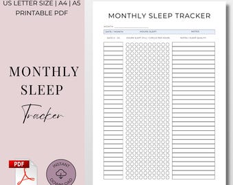 Monthly Sleep Tracker Printable | Sleep Log & Hours Tracker | Printable Health Tracker PDF | A4 A5 US Letter