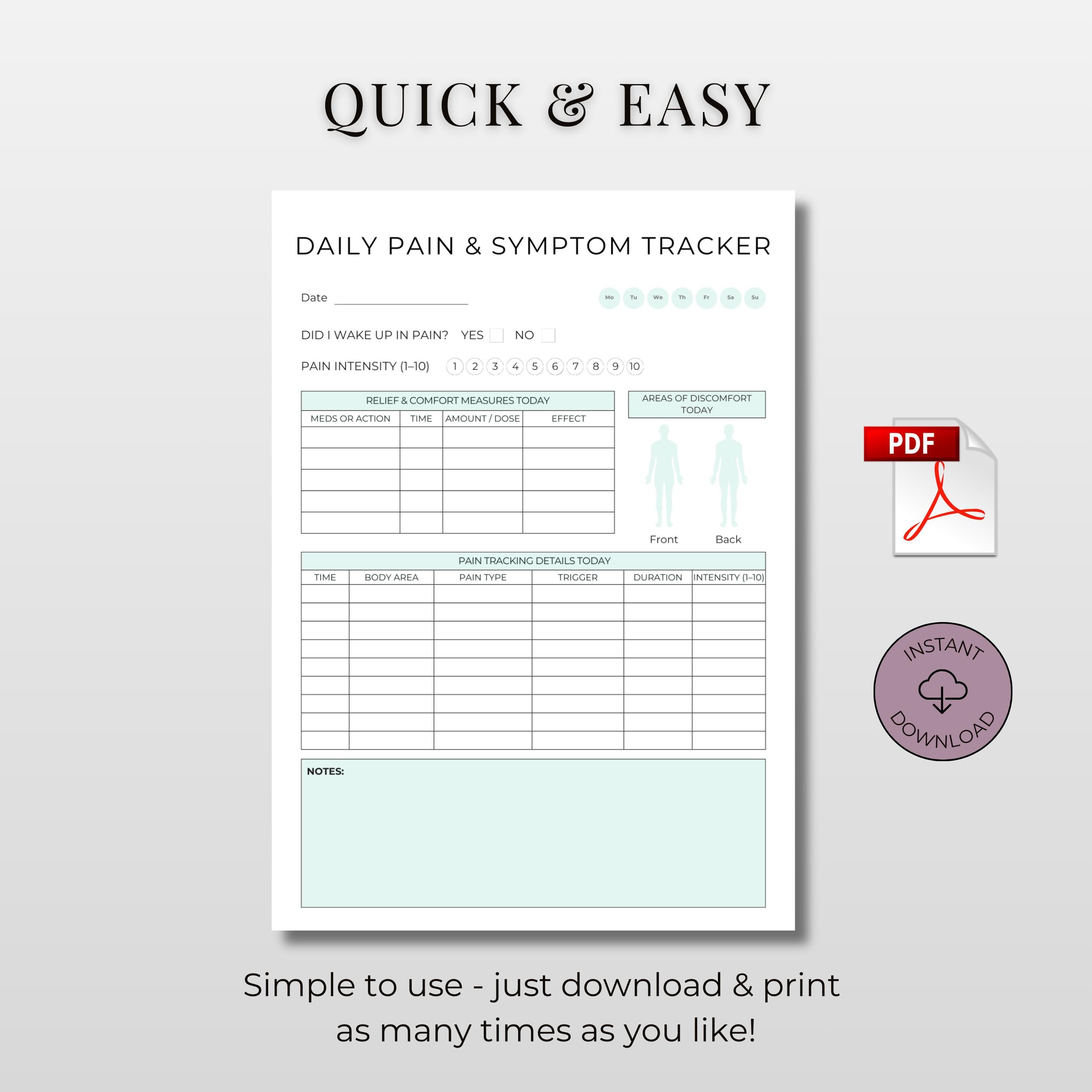 Fillable Pdf Pain Log Example Pain & Symptom Tracker Printable | Daily Pain Log | Printable Health ...