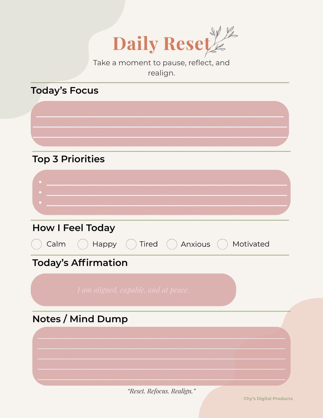Daily Reset Planner | Minimalist Self Care Journal | Printable & iPad ...