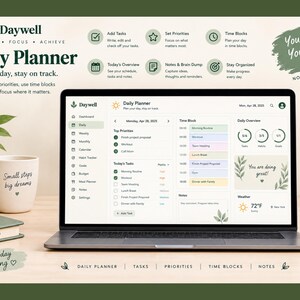 Może przedstawiać: Laptop wyświetlający interfejs planera dziennego Daywell z sekcjami priorytet&oacute;w, blok&oacute;w czasowych, przeglądu dnia i pogody. Na ekranie widoczny jest tekst 'Daily Planner', 'Plan your day, stay on track' oraz 'You are doing great'.