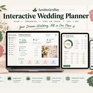 May include: An interactive wedding planner digital interface displayed on a laptop, tablet, and smartphone. The screens show a wedding dashboard, budget tracker, and guest list with text including AestheticsBay, Interactive Wedding Planner, Plan Smarter Not Harder, and Your Dream Wedding, All in One Place.