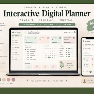 Może przedstawiać: Interaktywny planer cyfrowy wyświetlany na ekranie laptopa i smartfona. Interfejs zawiera pulpit nawigacyjny z codziennymi zadaniami, śledzeniem nawyk&oacute;w, planowaniem cel&oacute;w, budżetem, posiłkami i notatkami. Tekst zawiera Interactive Digital Planner, Works Like an App oraz Plan Smarter, Live Better.