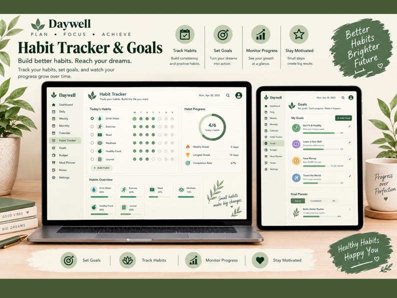Może przedstawiać: Laptop i tablet z interfejsem Daywell Habit Tracker & Goals. Ekrany pokazują pulpity nawigacyjne do śledzenia codziennych nawyk&oacute;w, wyznaczania cel&oacute;w i monitorowania postęp&oacute;w z zielonymi akcentami oraz tekstem.