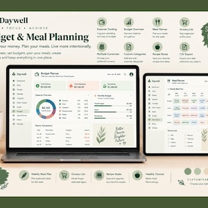 Może przedstawiać: Laptop i tablet z interfejsem oprogramowania Daywell Budget & Meal Planning. Ekrany pokazują pulpity nawigacyjne finans&oacute;w, śledzenie wydatk&oacute;w, budżety miesięczne, tygodniowe plany posiłk&oacute;w oraz listy zakup&oacute;w w jasnej kolorystyce.