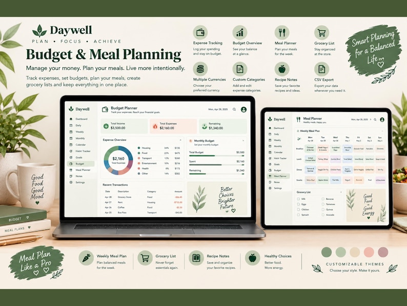 Może przedstawiać: Laptop i tablet z interfejsem oprogramowania Daywell Budget & Meal Planning. Ekrany pokazują pulpity nawigacyjne finans&oacute;w, śledzenie wydatk&oacute;w, budżety miesięczne, tygodniowe plany posiłk&oacute;w oraz listy zakup&oacute;w w jasnej kolorystyce.