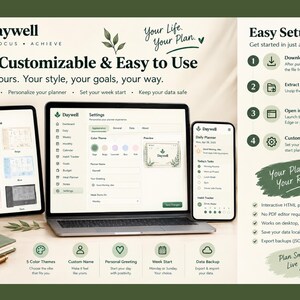 Może przedstawiać: Cyfrowy planer Daywell wyświetlony na laptopie, tablecie i smartfonie. Ekran pokazuje ustawienia personalizacji, motywy kolorystyczne i listy zadań. Tekst zawiera Daywell, Your Life Your Plan, Easy Setup oraz Your Planner Your Rules.
