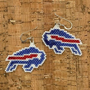Handmade Beaded Buffalo Bills Earrings. White, metallic blue, shiny red duracoat glass beads. Sterling Silver hooks. Gifts for her.