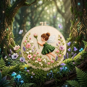 May include: A whimsical embroidery hoop featuring a fairy in a green dress holding a flower, surrounded by colorful embroidered flowers and butterflies. The artwork is set against a lush forest backdrop with moss and glowing mushrooms.