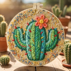Op de afbeelding: Een handgemaakte cactusborduurwerk in een houten ring. De cactus is groen en blauw met kleurrijke accenten, bekroond met een roze en gele bloem. De achtergrond is een mix van geel, blauw en wit. Het borduurwerk wordt getoond op een houten oppervlak.