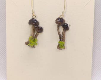 Real Dried Mushroom Earrings, Moss Drop Earrings, Botanical Forest Jewelry, Nature Inspired Mushroom Hook Earrings