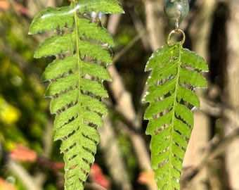 Real Fern Leaf Resin Earrings, Botanical Dangle Jewelry with Natural Stone, Handmade Nature Inspired Gift for Her, Green Leaf Earrings