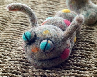 Felted caterpillar toy, soft kid-friendly. Minimalist, pastel colors, eco friendly needle felted 100% wool.