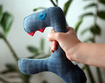 Handmade dinosaur toy, upcycled denim and felt. Minimalist design. Sustainable and eco friendly.