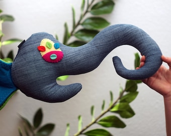 Handmade elephant toy, upcycled denim and felt. Minimalist design. Sustainable and eco friendly.