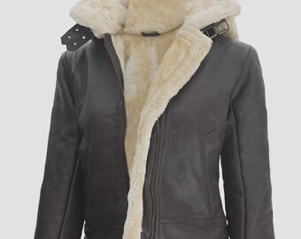 Women’s Hooded Shearling Jacket Dark Brown : Vintage Bomber Style Fully Lined