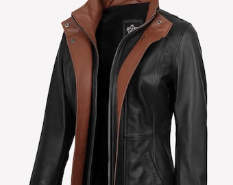 Women’s Leather Jacket with Brown Collar / Vintage Fashion Collar fully Lined