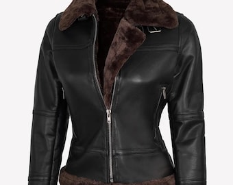 Women’s Shearling Jacket Dark Brown/ Vintage Bomber Style Fully Lined