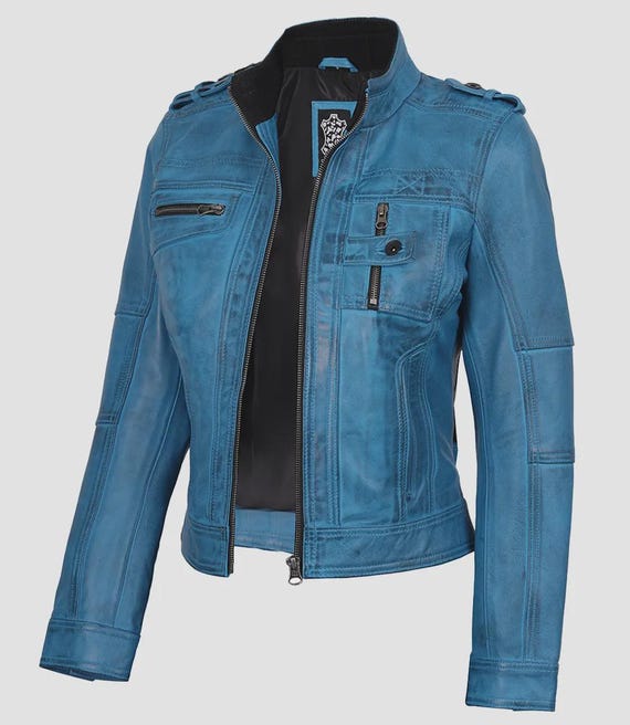 Women's Blue Waxed  Leather Jacket : Fully Lined  Biker Style Jacket