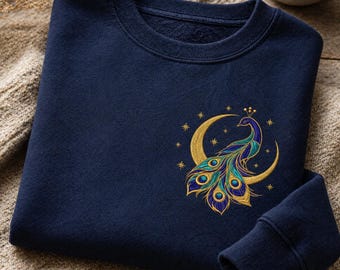 Peacock Moon Embroidery Design Elegant Bird Stars Night Luxury Feather Art