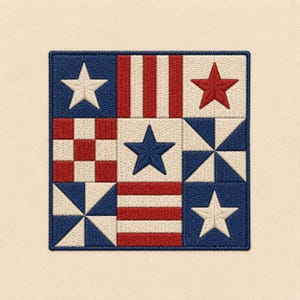 May include: Embroidered square featuring a patchwork design with patriotic colors. The design includes blue squares with white stars, red and white striped sections, and red and white checkered patterns. The border is dark blue.