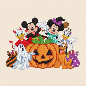 May include: An embroidered design featuring Mickey Mouse as a vampire, Minnie Mouse as a witch, Donald Duck as a devil, Daisy Duck as a skeleton, Pluto, and a ghost surrounding a large orange jack-o'-lantern with two bags of candy on the sides.
