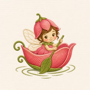 Diseño de bordado de flores de hadas, barco de flores de duende, jardín floral caprichoso, regalo de recuerdo de primavera