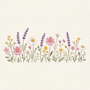 May include: Embroidered floral design featuring a variety of colorful flowers, including daisies, lavender, and other wildflowers. The flowers are in shades of pink, yellow, and purple, with green leaves. The embroidery is on a cream-colored fabric.
