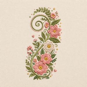 May include: An embroidery design featuring a central green vine with a spiral top, adorned with pink and white flowers, green leaves, small pink dots, and tiny yellow star accents on a solid light beige fabric background.