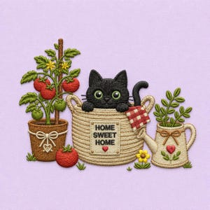 Puede incluir: Un parche bordado que muestra un gato negro asomándose de una cesta tejida color canela con la etiqueta HOME SWEET HOME y un corazón rojo. A la izquierda hay una planta de tomate en maceta con frutos rojos y a la derecha una regadera crema.