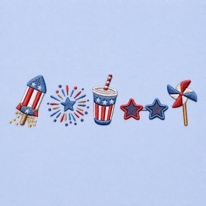 May include: Embroidered patriotic design featuring a rocket, fireworks, a beverage cup, star-shaped sunglasses, and a pinwheel. The design incorporates red, white, and blue colors, with star accents, on a light blue background.