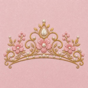 May include: Embroidered tiara with gold filigree, pink flowers, and faux pearls on a pink background. The crown features a central teardrop-shaped embellishment and floral accents, creating a delicate and ornate design.