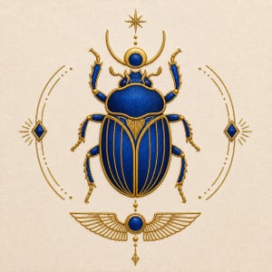 May include: A detailed illustration of a scarab beetle in shades of blue and gold. The beetle is the central focus, surrounded by stylized celestial elements, including a crescent moon, star, and wings. The design has an embossed appearance on a cream-colored background.
