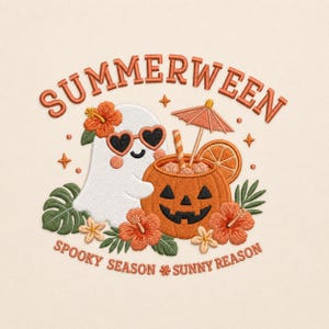 May include: Embroidered design featuring a friendly ghost wearing heart-shaped sunglasses, a pumpkin cocktail, and tropical flowers. The text reads "Summerween" and "Spooky Season * Sunny Reason".