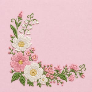 May include: An embroidery design featuring a corner arrangement of white and pink flowers, including lily of the valley, cosmos, and small blossoms with green stems and leaves, all stitched onto a solid light pink fabric background.