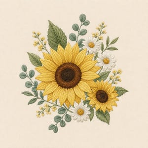 May include: An embroidery design featuring two large yellow sunflowers with dark brown centers, surrounded by smaller white daisies, tiny yellow buds, and various green leaves on a solid light cream-colored fabric background.