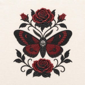 May include: An embroidery design featuring a central moth with a skull pattern on its thorax, flanked by dark red and black wings. The moth is positioned between two blooming red roses with black leaves and stems, creating a symmetrical composition.